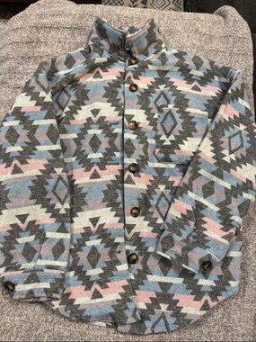 Woven Aztec-Print Button-Front Jacket in Pastel Grey and Pink